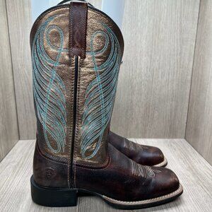 Ariat Round Up Wide Square Toe Western Boots Womens 6.5B Cushioned Leather Brown